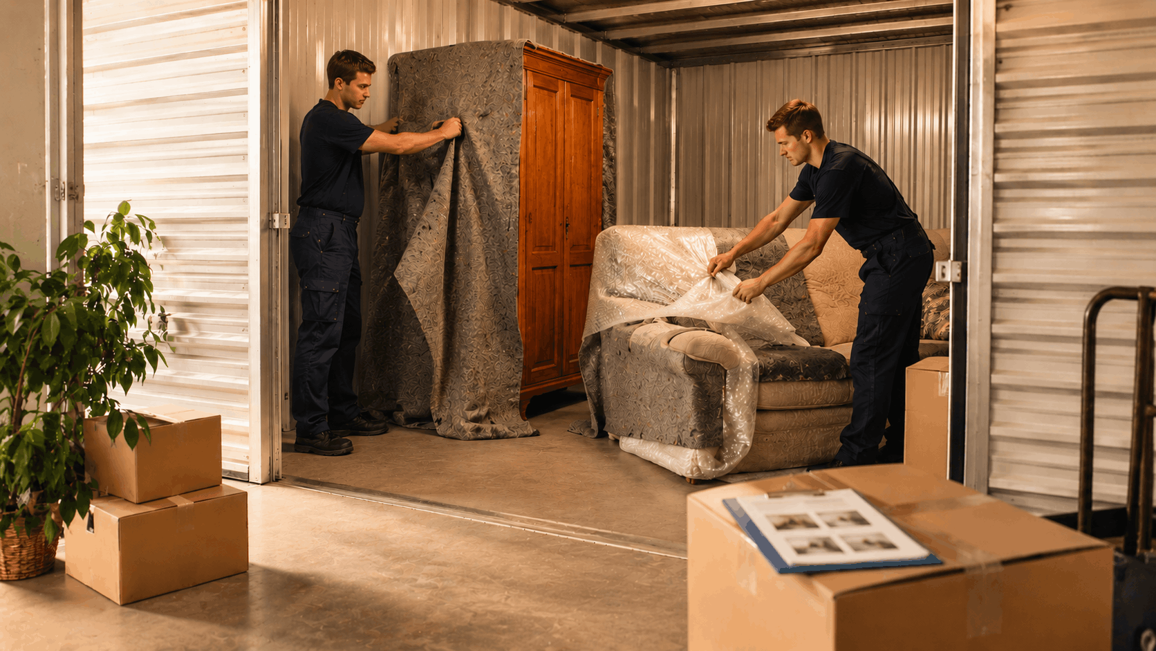 OPERARIOS EMBALANDO Y ETIQUETANDO LOS MUEBLES DEL CASERO CON MANTAS PROTECTORAS PARA GUARDARLOS EN UN MÓDULO DE GUARDAMUEBLES