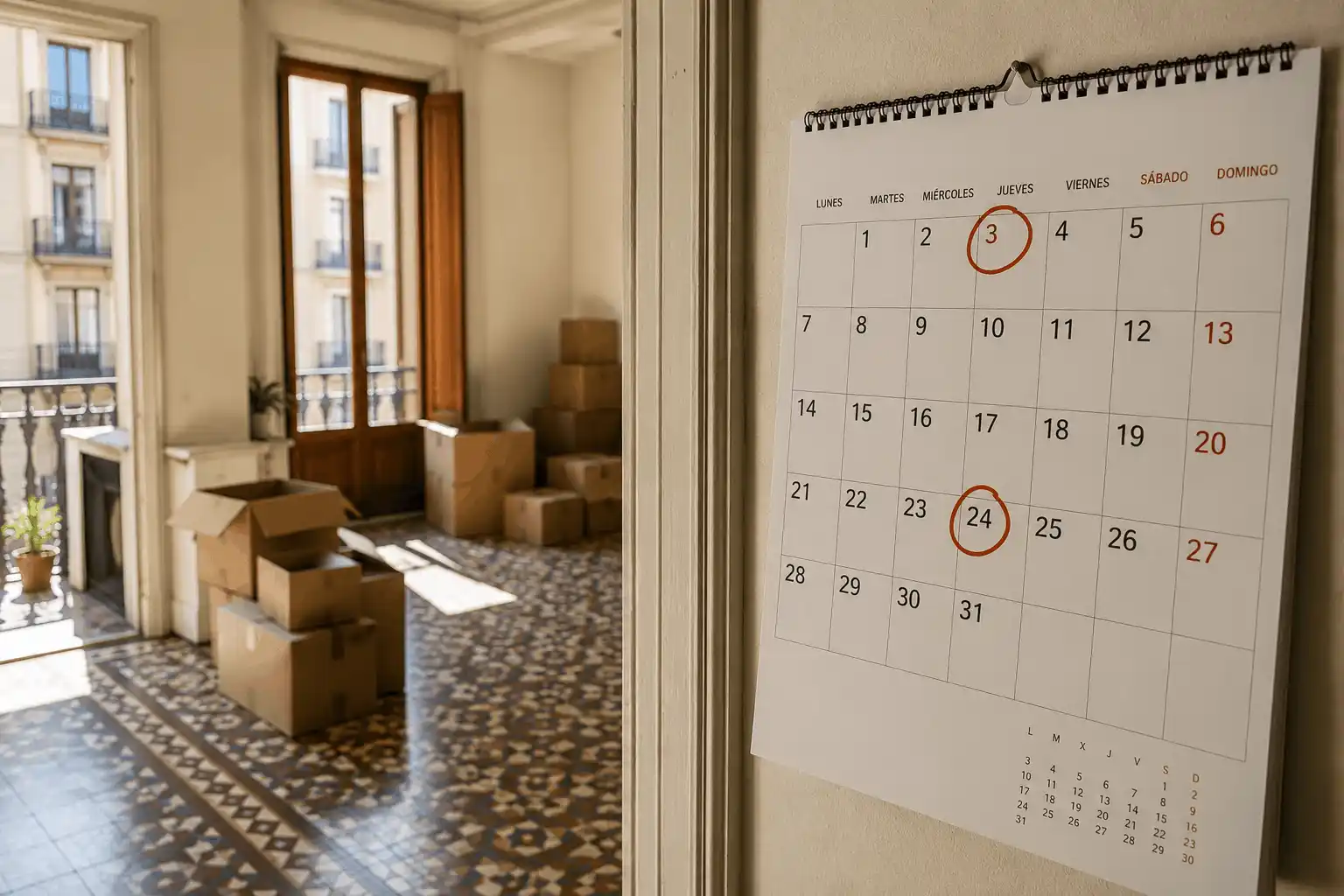 CALENDARIO DE PARED MARCADO CON LA FECHA DEL TRASLADO Y LA CITA DEL PADRÓN EN UN PISO DEL EIXAMPLE DE BARCELONA