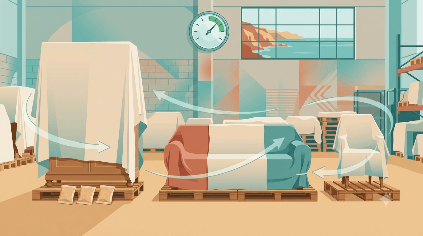CÓMO PROTEGER EL MOBILIARIO DE LA HUMEDAD (Y POR QUÉ EN LA COSTA ES OTRA HISTORIA) 4 ILUSTRACIÓN DEL CONTROL DE HUMEDAD IDEAL PARA CONSERVAR MUEBLES CON CIRCULACIÓN DE AIRE Y GEL DE SÍLICE