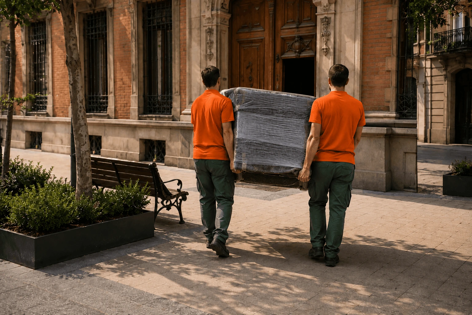 TREINTA MINUTOS Y UN PISO ENTERO. CARGA Y DESCARGA EN LOS EJES VERDES DEL EIXAMPLE 5 DOS OPERARIOS TRASLADANDO MOBILIARIO EMBALADO DESDE UNA PLAZOLETA DEL EJE VERDE HASTA EL PORTAL DE UNA FINCA DEL EIXAMPLE