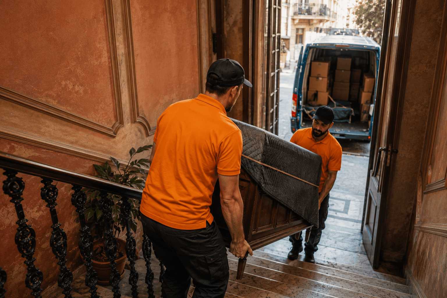 OPERARIOS DE MUDANZAS TRASLADANDO MUEBLES EMBALADOS FUERA DE UN PISO DURANTE LA REHABILITACIÓN DE LA FACHADA