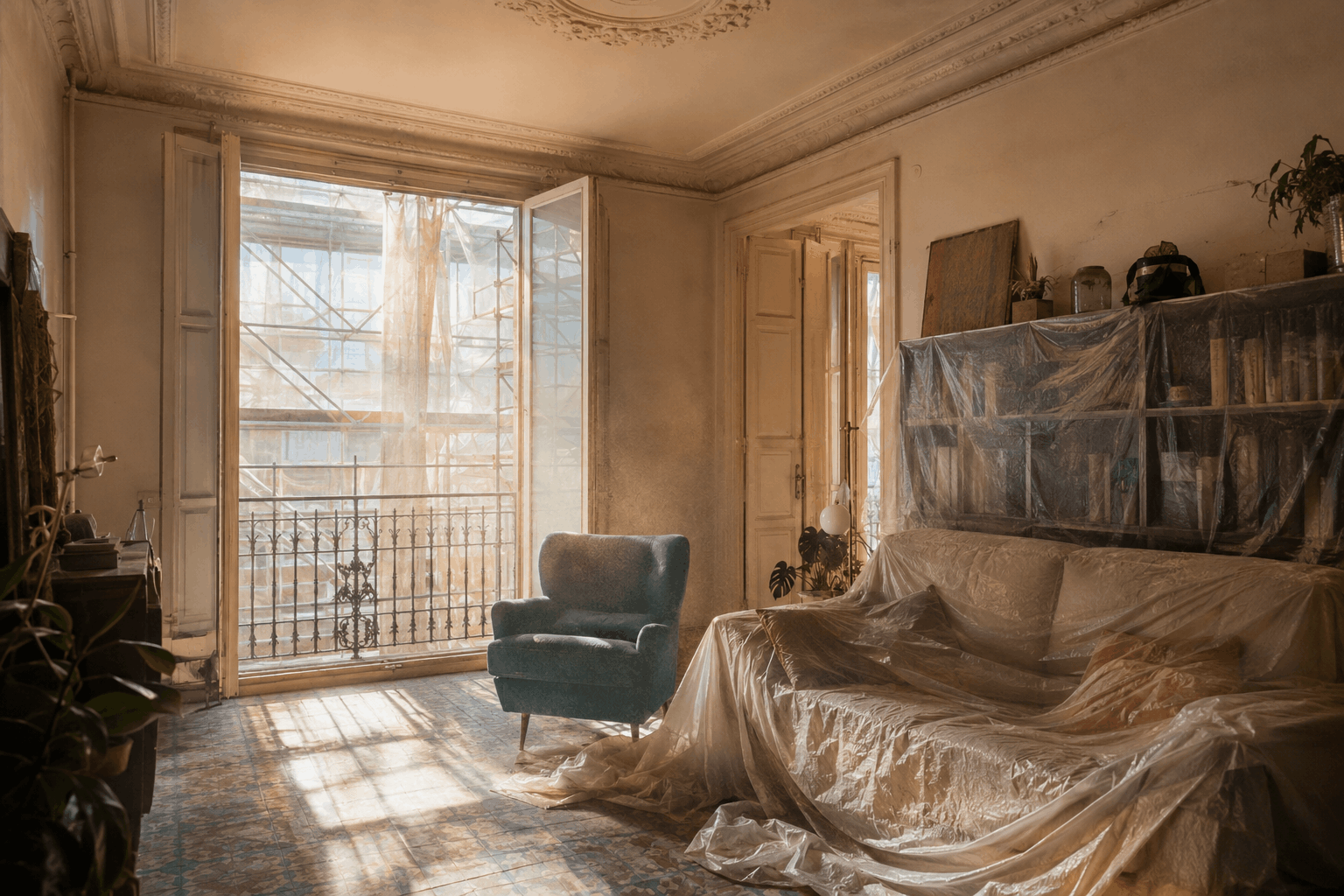 SALÓN DE UN PISO DEL EIXAMPLE CON LOS MUEBLES CUBIERTOS CON PLÁSTICO PROTECTOR DURANTE UNA OBRA DE FACHADA