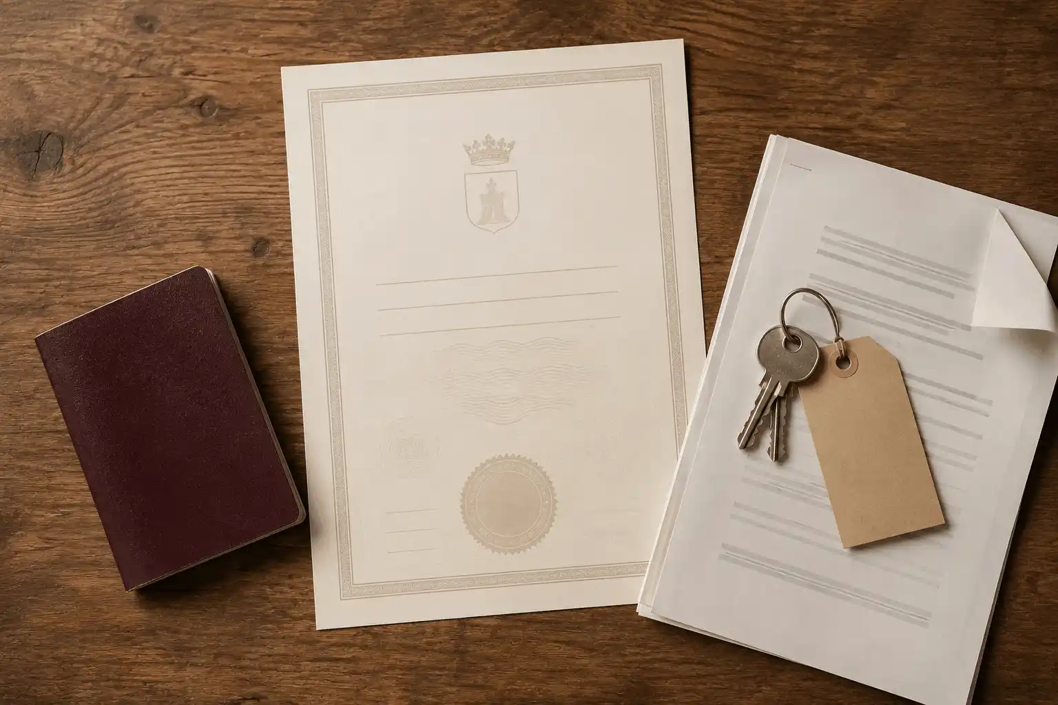 VOLANTE DE RESIDENCIA DEL PADRÓN DE BARCELONA JUNTO A UN PASAPORTE Y UN CONTRATO DE ALQUILER SOBRE UNA MESA
